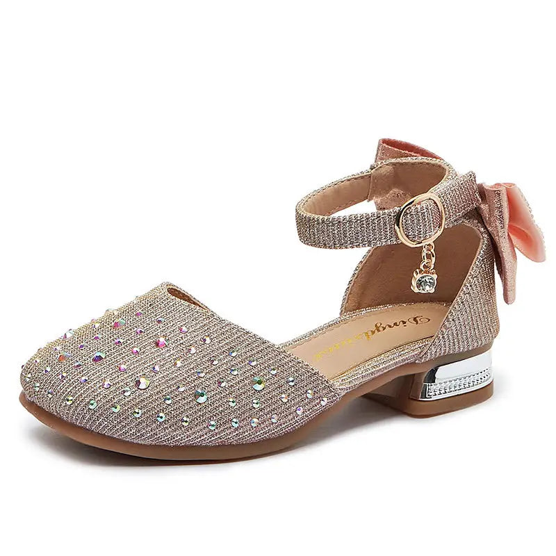 Ivory Low Heel Girls Dress Shoe w/ Rhinestone Strap - Pink Princess